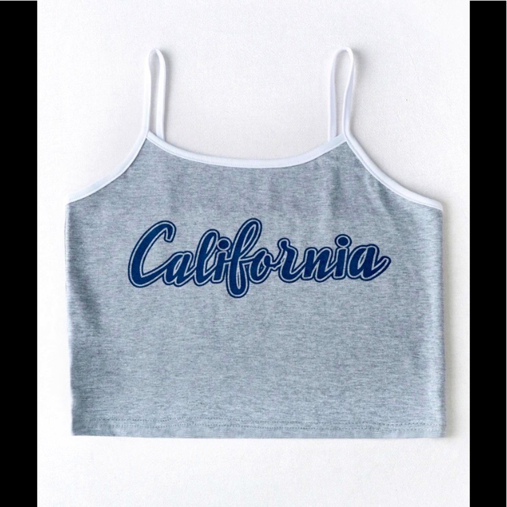 California Printed In Blue Graphics On A Heather Grey W/White Trim Crop Cami Top